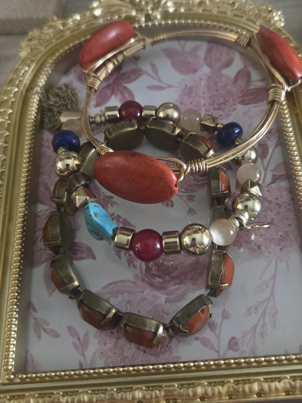 Boho Bracelet Stack-"Express" Signed Stone Stretch, Goldtone Stone Bangle